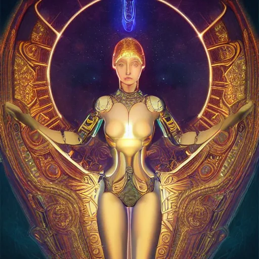 Prompt: ultradetailed ornate pre-raphaelite RPG illustration of beautiful symmetric robot radiating glowing aura, fully clothed with an art deco costume, digital airbrush painting, 3d rim light, hyperrealistic masterpiece, artstation, cgsociety, golden ratio
