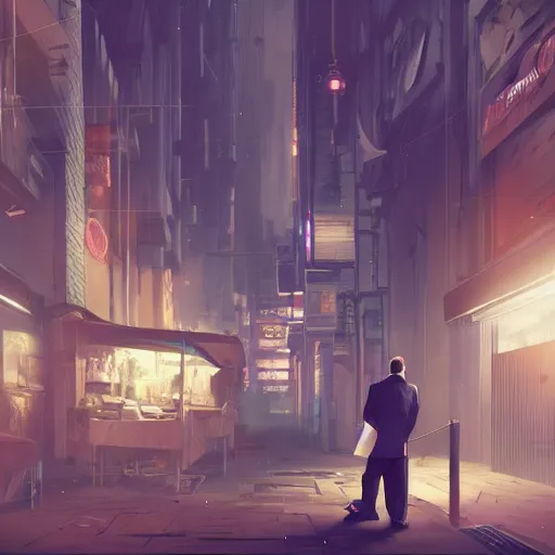 Image similar to businessman handing the viewer an envelope, detailed digital illustration by greg rutkowski, cyberpunk back alley, nighttime