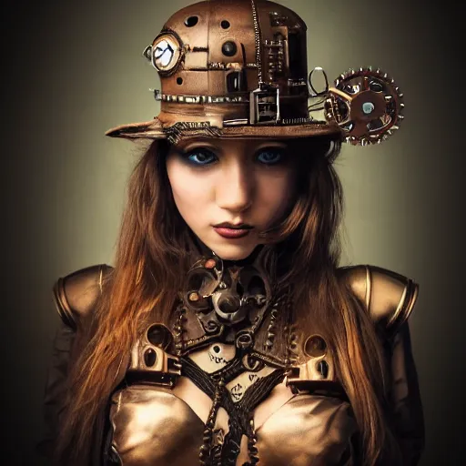 Prompt: beautiful half human half steampunk cyborg portrait, steampunk, extremely detailed, lush, gears, pretty, cinematic lighting, epic, intense, long hair, brown eyes, cool,