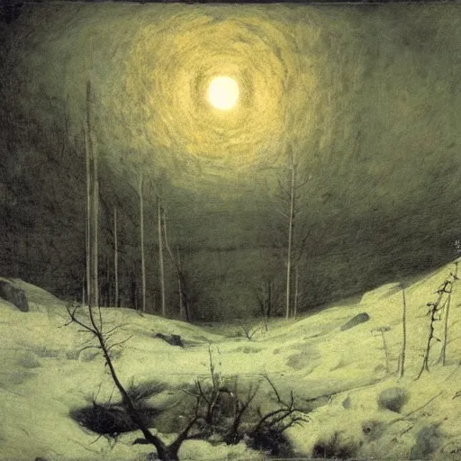 Prompt: the stare of a single vast unblinking eye looms in the sky in the depth of night, above bare trees and snow-covered countryside, cosmic horror, Arnold Böcklin