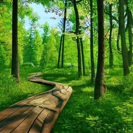 Prompt: walk in nature on lsd, in a forest by a lake, trail with green trees, ultra realistic, high detail, 4 k