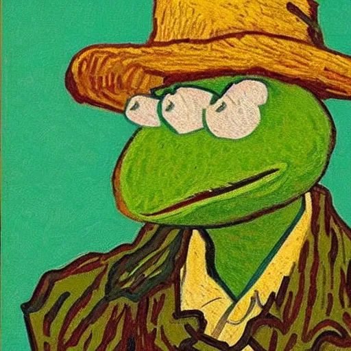 Image similar to Kermit the Frog, Van Gogh portrait, painting, detailed, visible brush strokes