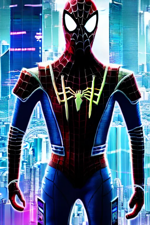 Image similar to futuristic portrait art of an armored cyberpunk spiderman, futuristic style spiderman, cyberpunk, game screenshot from cyberpunk 2 0 7 7