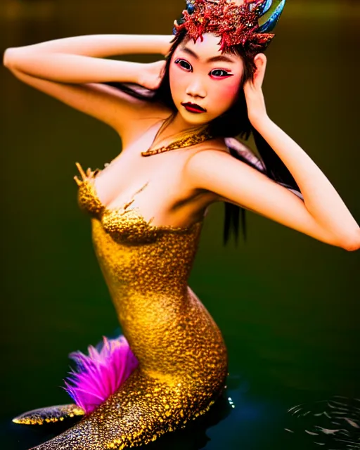 Image similar to medium closeup shot, flash long exposure photography of asian mermaid fashion posing in the lake by peter kemp, sharp focus, high details