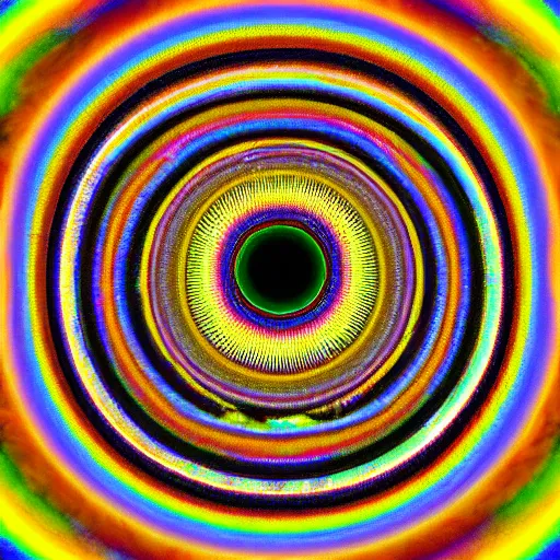 Prompt: an ominous sphere made of eyes phyllotaxis spiral psychedelic chromatic aberration hd