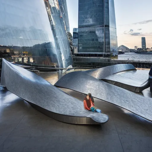 Prompt: a incredible cutting edge new building on the London waterfront designed by bjarke ingels, with a giant modern stainless steel sculpture in front of it at monumental scale, photo by Annie Leibovitz