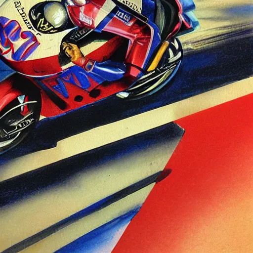 Prompt: photorealistic picture, by bob peak and alex ross, moto gp ads in 1 9 9 0 s, gouache and wash paints, fine details, fine intricate, fine facial proportionate, fine body proportionate, fine posse proportionate, smooth sharp focus, sharp focus