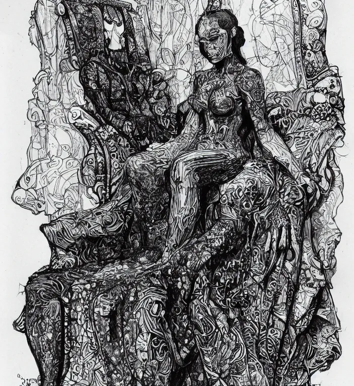 Image similar to salome full figure sitting on throne sketchbook ink drawing by james jean very detailed high contrast