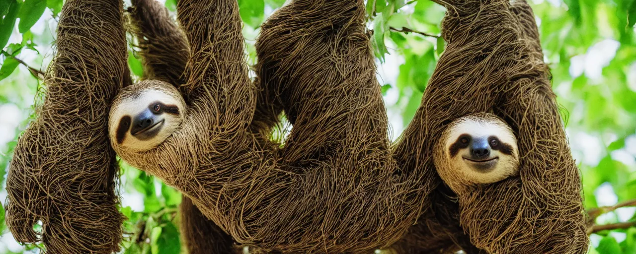 Image similar to a sloth eating spaghetti off a tree, in the style of wes anderson, canon 5 0 mm, kodachrome, retro