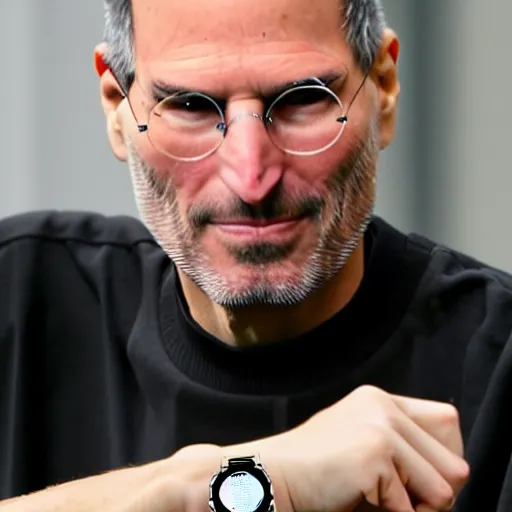 Prompt: Steve Jobs smiling while sitting on the crown of an Apple Watch