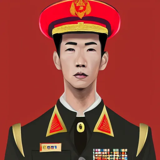 Image similar to tall thin asian man in a red military uniform, golden eyes, dark red military jacket, brown pocketed pants, flame insignia patches, medium length hair, stalin style hat, full body portrait, trending on artstation, detailed art, wlop, great drawing