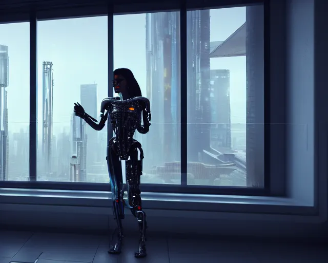 Image similar to a terminator cyborg lady with borg implants and optical fibers is drinking coffee near a window with dystopian city visible outside. very detailed 8 k. cyberpunk style. unreal engine render. global illumination. nanite. rtx. path tracing.