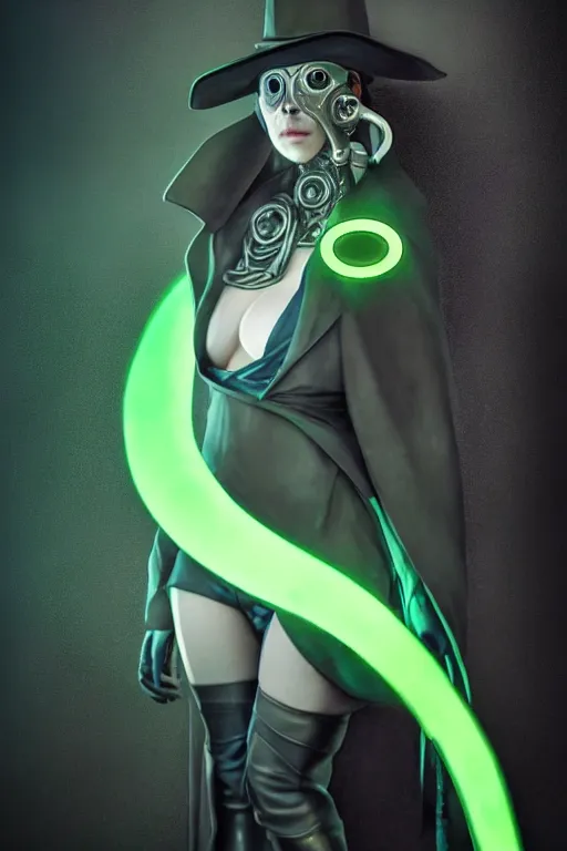 Image similar to wow! 3 / 4 stunning photorealistic portrait of a female plague doctor with a green aura in a kowloon! cyberpunk cityscape, biomechanical leather bodysuit, bioluminescent acid rain, dark fantasy by artgerm and sorayama and alphonse mucha, ultrarealistic, hyperdetailed, trending on artstation, octane render