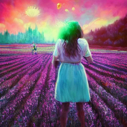 Image similar to girl with an blooming flower for a face, surreal photography, dream, standing in flower field, magical, in a valley, sunrise dramatic light, impressionist painting, colorful clouds, artstation, simon stalenhag, exploding flower face