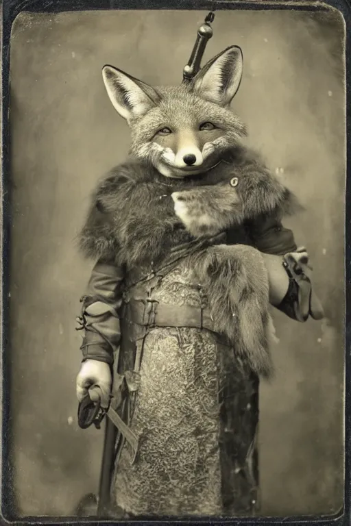 Prompt: a wet plate photo of an anthropomorphic fox dressed as robin hood