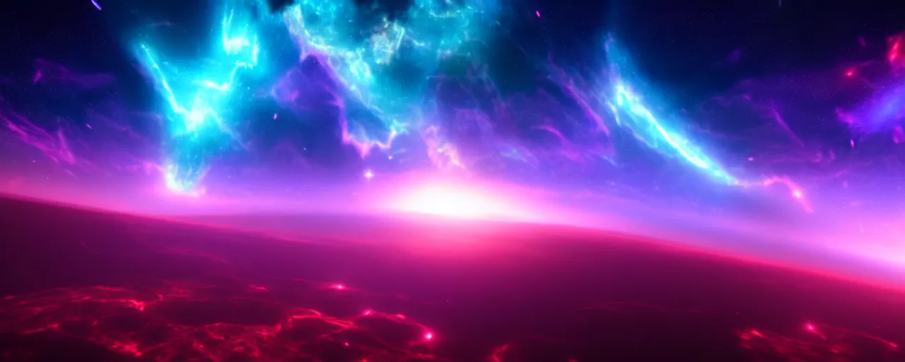 Image similar to cinematic render of beautiful atmospheric space, nebula, homeworld skies, volumetric lighting, 4 k, 8 k, hd