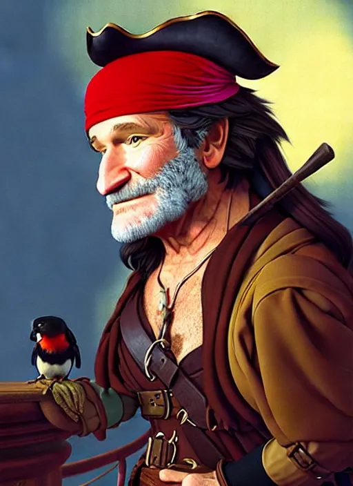 Prompt: robin williams as a pirate wearing black. parrot on his shoulder, on a pirate ship natural lighting, path traced, highly detailed, high quality, digital painting, by don bluth and ross tran and studio ghibli and alphonse mucha, artgerm