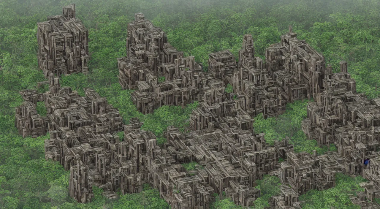 Image similar to wood fortress greeble block amazon jungle accadamy of tower cristal global illumination ray tracing