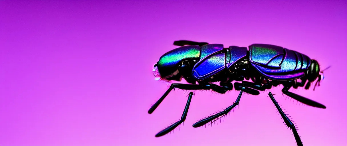 Prompt: high quality macro photo iridescent cyborg fly! jeweled very beautiful! highly detailed digital art david ligare elson peter cinematic purple neon lighting high quality low angle hd 8k sharp shallow depth of field