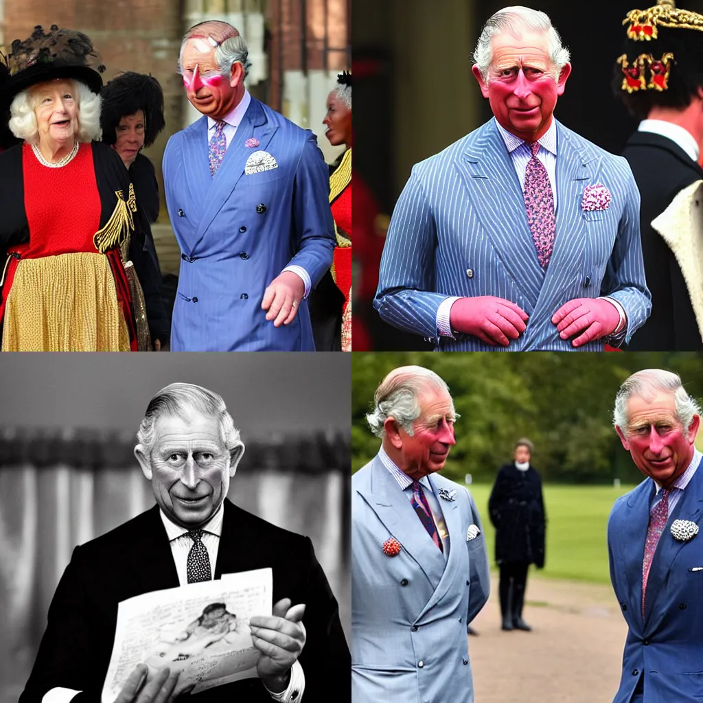 Prompt: prince Charles playing the role of a pantomime Dame