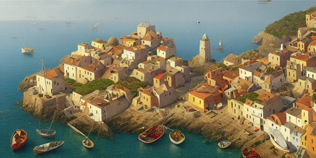 Image similar to A detailed, precise oil painting of a beautiful Mediterranean fishing village by Michiel Schrijver, isometric, surreal