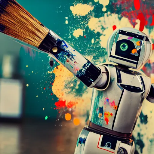 Image similar to a photograph of a robot holding a paintbrush, paint splatters everywhere, it looks in the camera, 50mm