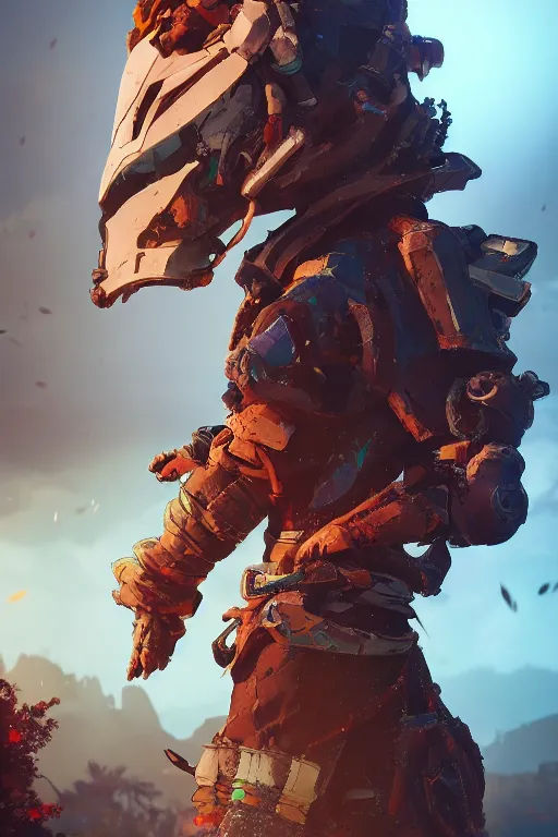 Image similar to combination suit armor aloy horizon forbidden west horizon zero dawn robot ninja mask helmet backpack tribal, aesthetic octane render, 8 k hd resolution, by ilya kuvshinov and cushart krentz and gilleard james radiating a glowing aura cgi rtx 2 0 2 2