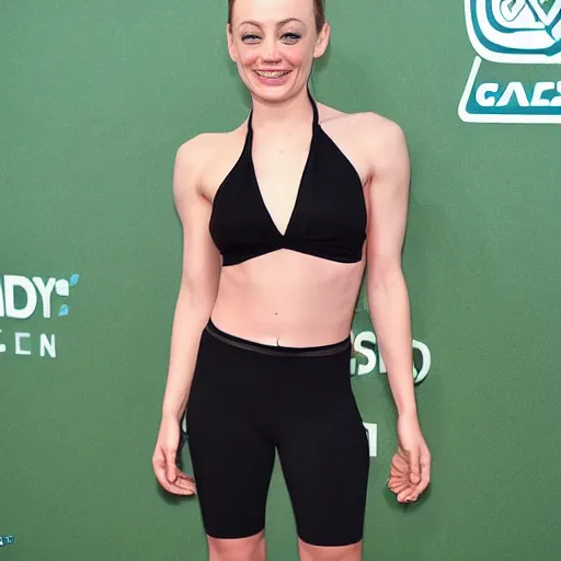 Image similar to a woman who is a genetic combination of jean claude van damme and emma stone and kaley cuoco and karen - delaney and ariana grande, body - face detail, focus on hands, arms, thighs, chest, full figure