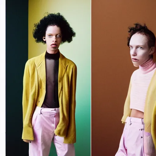 Image similar to realistic photoshooting for a new acne studios lookbook, color film photography, portrait of a beautiful woman, photo in style of Tyler Mitchell, wes anderson, Julia Hetta, Tim Walker, Petra Collins, 35mm,