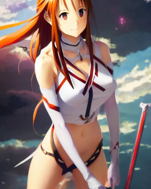 Image similar to photo of asuna from sao, asuna by a - 1 pictures, by greg rutkowski, artgerm, gil elvgren, rossdraws, enoch bolles, glossy skin, pearlescent, anime, very coherent, maxim magazine, trending