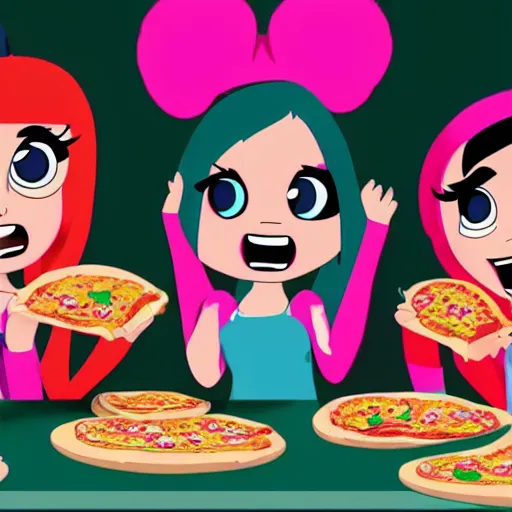 Image similar to powerpuff girls eating pizza as a realistic human, 4 k, highly detailed, art station