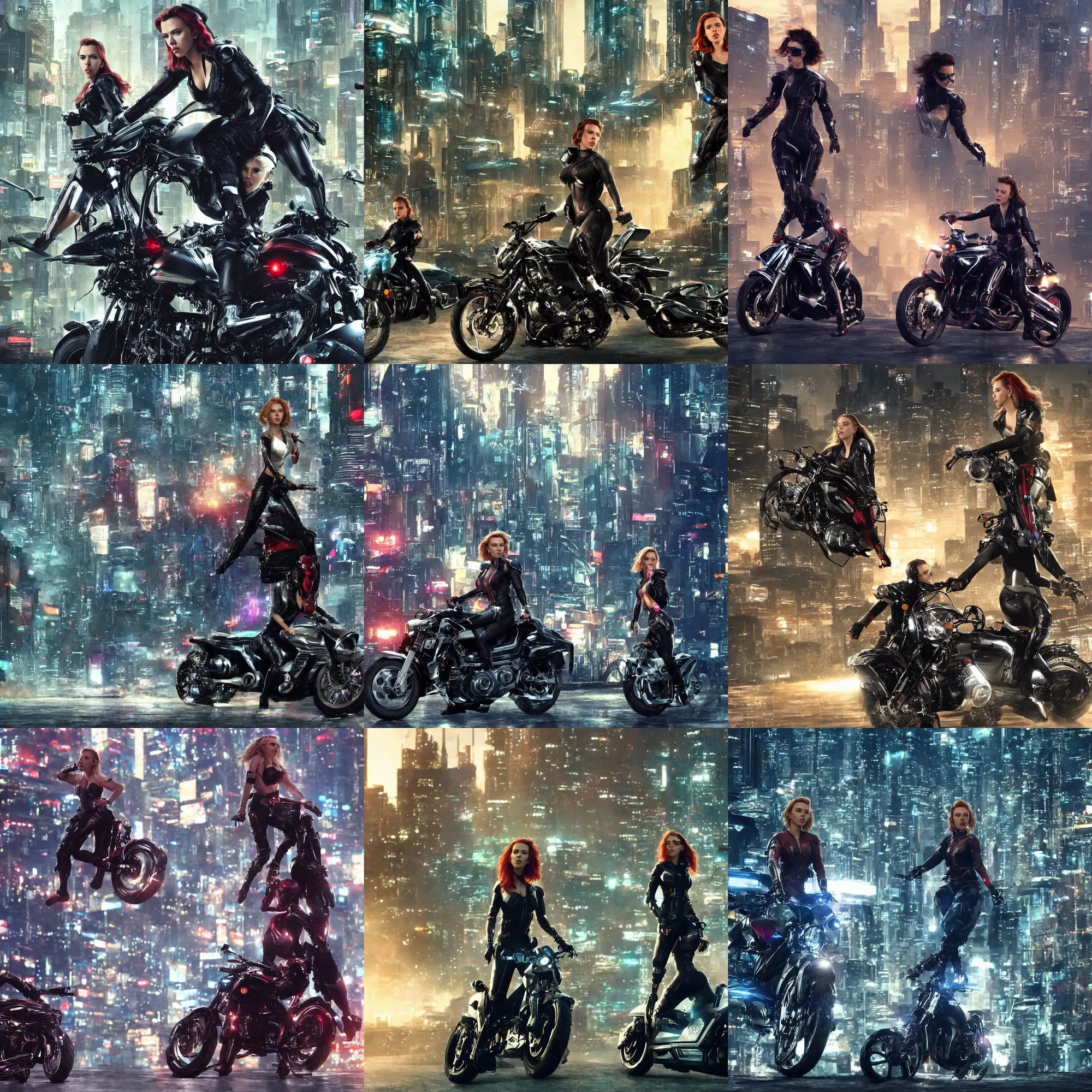 Prompt: scarlett johansson riding a futuristic motorbike in cyberpunk city, realistic, cinematic, hdr