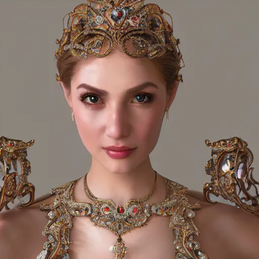 Image similar to portrait of pretty princess with perfect skin, glowing, ornate and intricate diamond jewelry, jaw dropping beauty, ornate and intricate backdrop, white accent lighting, hyper detailed, 4 k octane render