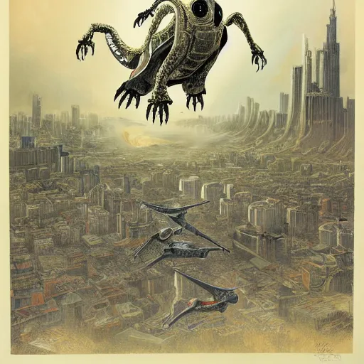 Image similar to A beautiful print of a large, flying, robotic creature swooping down over a cityscape. The creature has a long, snake-like body with large, razor-sharp wings. It is attacking a group of people who are running in terror. by Frits Van den Berghe terrifying