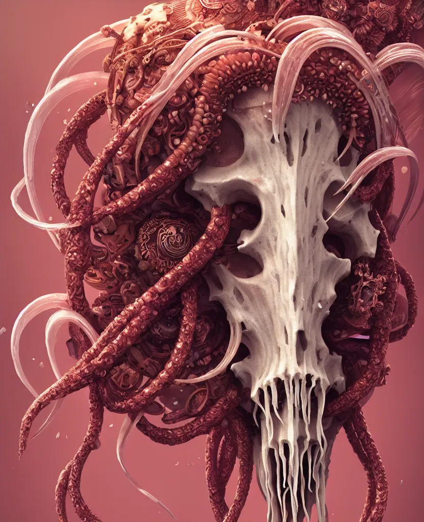 Image similar to goddess close-up portrait ram skull. jellyfish phoenix head, nautilus, orchid, ram skull, betta fish, bioluminiscent creatures, intricate artwork by Tooth Wu and wlop and beeple. octane render, trending on artstation, greg rutkowski very coherent symmetrical artwork. cinematic, hyper realism, high detail, octane render, 8k