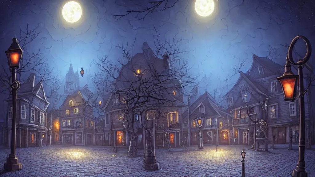 Image similar to empty lovecraftian town square surrounded by houses and inns. lovecraftian city at night by cyril rolando and naomi okubo and dan mumford and ricardo bofill. lovecraft. cobbled streets. oil lamp posts. lovecraftian statues. full moon halo.