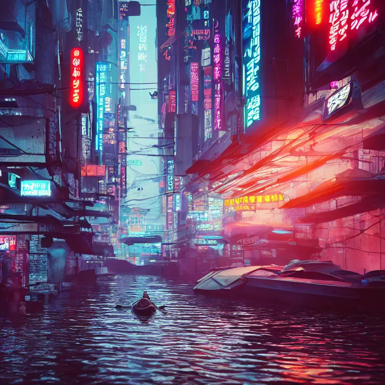 Image similar to cyberpunk flooded rainy south korea, seoul, man in small row boat, reflections, cinematic lighting, photorealistic, trending on artstation, storefronts made of neon lights, hyper realistic rendering photography, unreal 5 engine render, ultra wide angle, long shot, 8 k