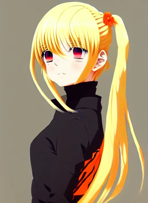 Image similar to anime portrait of a beautiful blonde, yellow - orange eyes, ilya kuvshinov, black clothing, anime, pixiv top monthly, trending on artstation, cinematic, danbooru, zerochan art, kyoto animation