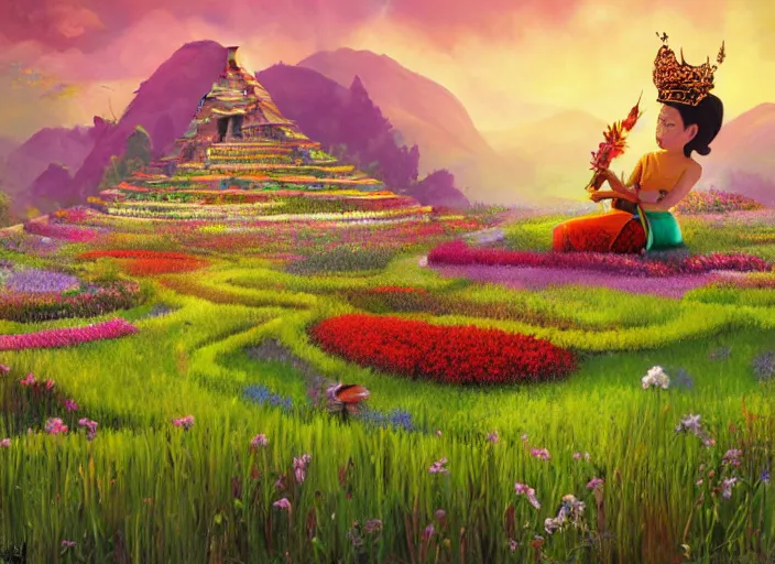 Prompt: summer morning, thai rice princess in a flower garden, rolling mountain, very coherent and colorful high contrast, art by gediminas pranckevicius, geof darrow, dark shadows, hard lighting, flowers garden