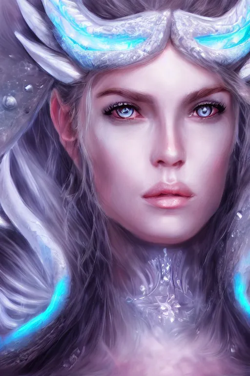 Prompt: Ice Dragon princess, digital art, 8k ,character ,realistic, portrait, hyperrealistic