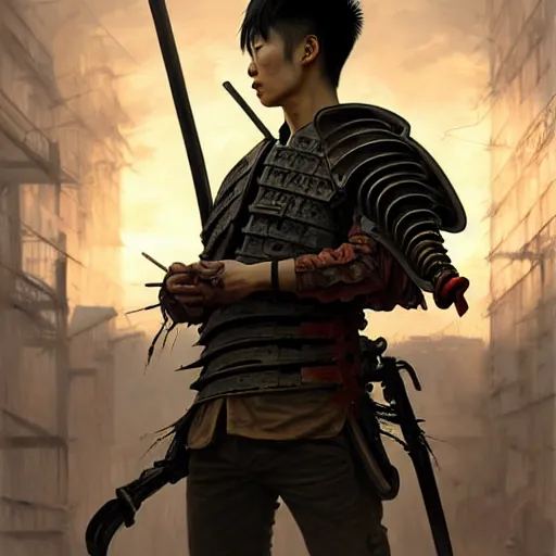 Image similar to portrait painting of a post - apocalyptic japanese young man wearing rusty samurai armor, ultra realistic, concept art, intricate details, eerie, highly detailed, photorealistic, octane render, 8 k, unreal engine. art by artgerm and greg rutkowski and charlie bowater and magali villeneuve and alphonse mucha