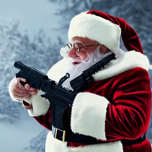 Prompt: cinematic shot of Danny Devito dressed as santa claus holding a LMG, 8k, very intricate, very detailed,