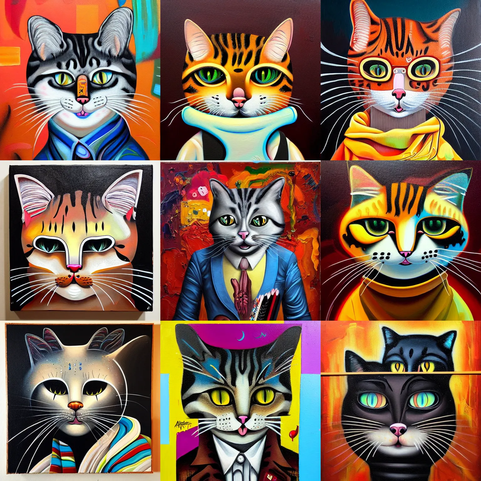 Prompt: anthropomorphic cat painting by andrei riabovitchev, tara mcpherson, david choe, decorative graffity, detailed painterly impasto brushwork