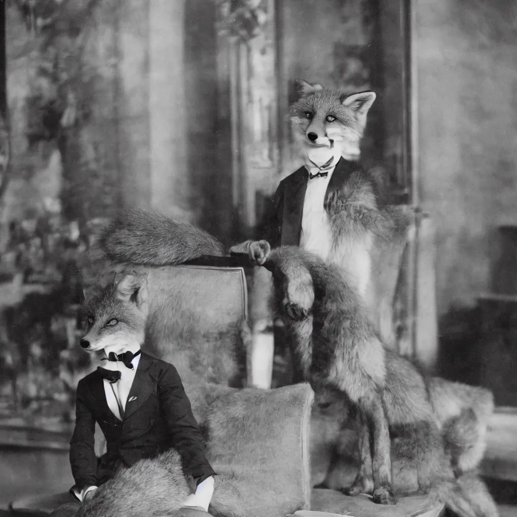 Image similar to anthropomorphic fox in suit sitting in the lobby of a luxury hotel, anthro, furry, 1 9 2 0 s photograph