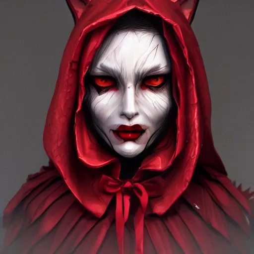 Prompt: red riding hood as a werewolf hybrid, symmetrical portrait by loish and WLOP, octane render, dark fantasy, trending on ArtStation