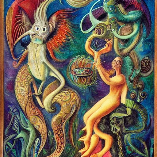 Prompt: strange mythical beasts of whimsy, surreal oil painting by ronny khalil and leonora carrington, drawn by ernst haeckel, as an offering to zeus