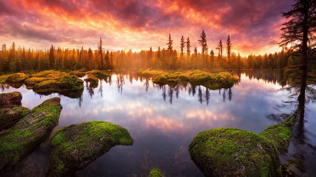 Image similar to amazing landscape photo of a forest with lake in sunset by marc adamus, beautiful dramatic lighting