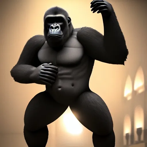 Image similar to big gorilla man terroizing church, 8k cinematic lighting, very sharp detail, anatomically correct