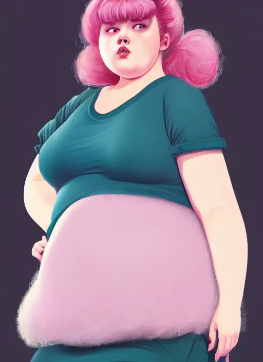 Image similar to full body portrait of teenage betty cooper, obese, bangs, ponytail, sultry, realistic, sultry smirk, ponytail hairstyle, fluffy bangs, curly bangs, skirt, fat, belly, intricate, elegant, highly detailed, digital painting, artstation, concept art, smooth, sharp focus, illustration, art by wlop, mars ravelo and greg rutkowski