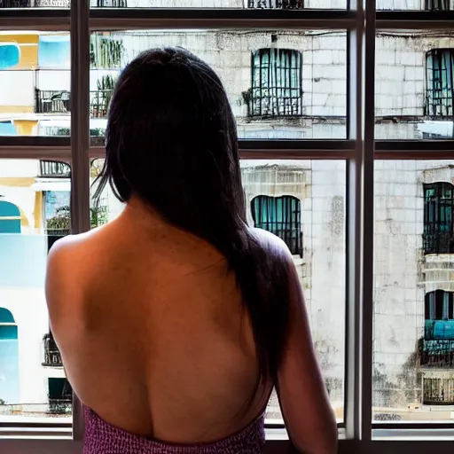 Prompt: a Brazilian female body standing by a window at a hotel in Lisbon, there is a black lotus flower tattoo on the female's back